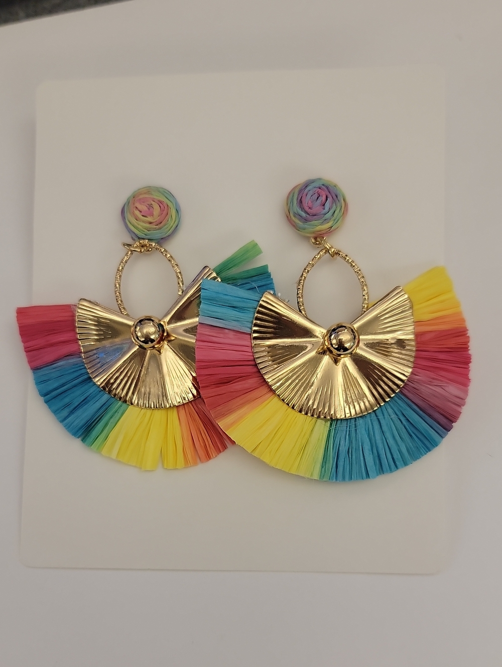 Rainbow Raffia Fan Drop Earrings with Gold Accents